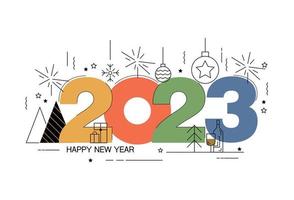 feliz año nuevo 2023 tarjeta de felicitación de diseño de texto. Diseño de año nuevo 2023 con afiche a todo color.xmas, banner web, sitio web de encabezado. ilustración vectorial.celebrar fiesta 2023.decoración colorida creativa. vector