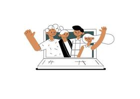 People in laptop.Freelance or training concept. Cute illustration in people working remotely, online communication via video conferencing.. People working remotely, online communication vector