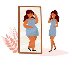 una chica delgada se mira en el espejo y se ve gorda. el concepto de trastornos alimentarios, anorexia, bulimia. una mujer quiere perder peso. gráficos vectoriales