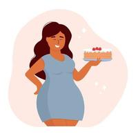 A young, happy, plump girl holds a cake in her hand. An overweight woman. Delicious high-calorie food. Vector graphics.