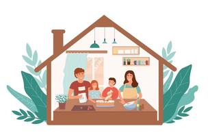 A happy family cooks a cake in the kitchen. Mom, Dad, kids spend time together. Vector graphics.
