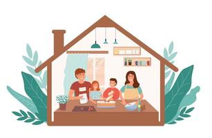 una familia feliz cocina un pastel en la cocina. mamá, papá, los niños pasan tiempo juntos. gráficos vectoriales vector