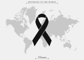 Horizontal of black awareness ribbon on white map of the world background. Mourning sign icons. illustration of vector graphic of ribbon as symbol. Vector eps 10