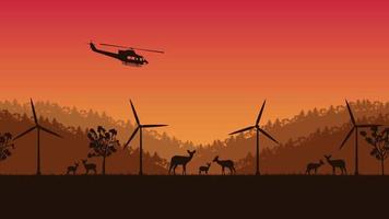 silhouette of deer animal and wind turbine on orange gradient background vector