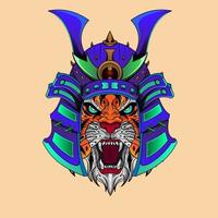 ilustración de arte de cabeza de caballero de tigre samurai japonés y diseño de camiseta casco de tigre samurai inspirado en el estilo de dibujo japonés vector