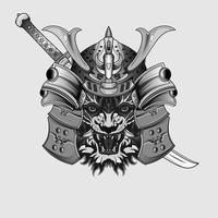 dibujado a mano diseño japonés samurai tigre casco caballero cabeza ilustraciones en blanco y negro vector