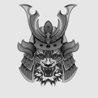 dibujado a mano diseño japonés samurai tigre casco caballero cabeza ilustraciones en blanco y negro vector