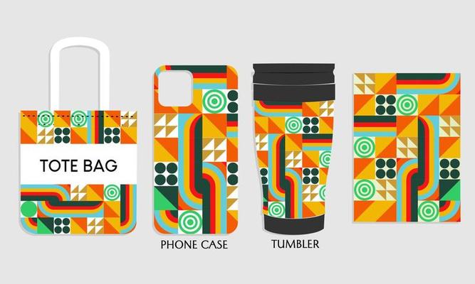 phone case mockup design, tote bag, tumbler with abstract bauhaus pattern. design for branding, product advertising, shopping