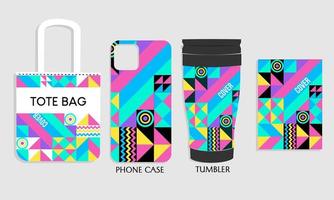phone case mockup design, tote bag, tumbler with abstract bauhaus pattern. design for branding, product advertising, shopping