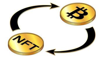 NFT and Bitcoin circulation isometric concept with black symbols on gold coins and cyclical arrows isolated on white. Vector design element.