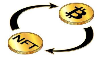 concepto isométrico de circulación nft y bitcoin con símbolos negros en monedas de oro y flechas cíclicas aisladas en blanco. elemento de diseño vectorial. vector