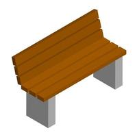 Simple brown city bench with backrest in isometric view isolated on white. Concrete base and wooden seat. Vector EPS10.