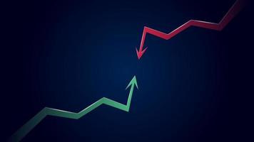 Collision of bullish trend against bearish one with green up arrow and red down arrow on dark blue background. Vector illustration.