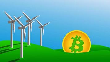 Bitcoin mining concept using green energy to protect environment. Windmills generate electricity on green grass. Vector illustration.