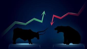 Bullish trend versus bearish trend with green up and red down arrows on dark blue background. Bull and bear on pedestals opposite each other. Vector illustration.