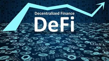 DeFi - decentralized finance with altcoin logos and up arrow symbol on dark blue background. Signs of the largest projects in the DeFi sector. Vignetting. Vector EPS10.