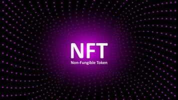 NFT nonfungible tokens text in the center of spiral of glowing dots on dark background. Pay for unique collectibles in games or art. For banner or news. Vector illustration.