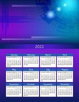 Vertical futuristic yearly calendar 2022 abstract digital theme, week starts on Sunday. Annual big wall calendar colorful modern illustration in blue. A4 Us letter paper size. vector