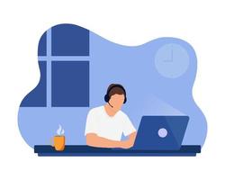 Man is working  at the desktop with a laptop and headphones with microphone. Concept illustration for support, assistance, call center. Vector illustration in cartoon style