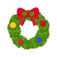 Christmas wreath with red bow and balls isolated on white background. Vector illustration.