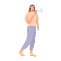 Young woman shouting through megaphone. Women's rights concept. Vector flat illustration.