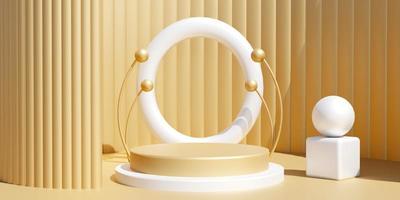 Elegant podium with decorative objects on golden background. Stand to show products. Stage showcase with copy space. Pedestal display. Banner size. Website cover template. 3D rendering. photo