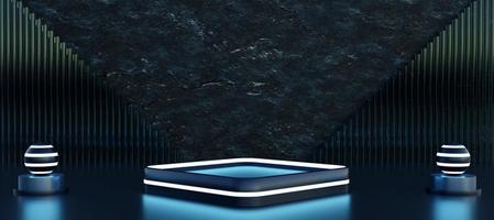 Black podium with  blue neon light and decorative objects. Stand to show products. Stage showcase with copy space. Black pedestal display. Banner size. Website cover template. 3D rendering. photo