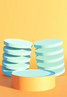 Abstract three podiums on yellow background. Stand to show products. Pedestal in vertical display. Beauty fashion backdrop for smartphone. 3D rendering.