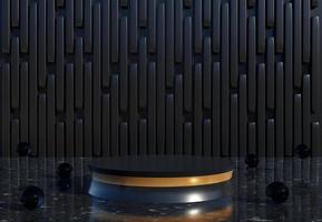 Black cylinder podium with decorative objects on dark background. Stand to show products. Stage showcase with copy space. Pedestal display.  3D rendering. photo