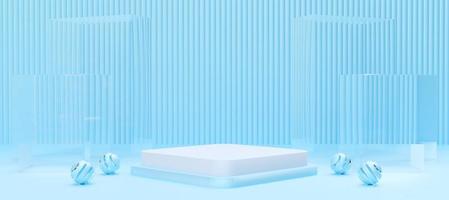 White podium with decorative objects on blue background. Stand to show products. Stage showcase with copy space. Pedestal display. Banner size. Website cover template. 3D rendering. photo