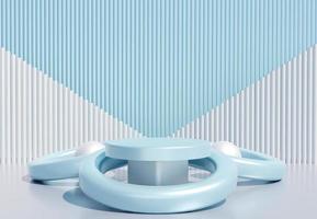 Blue cylinder podium with decorative objects on abstract background. Stand to show products. Stage showcase with copy space. Pedestal display.  3D rendering.