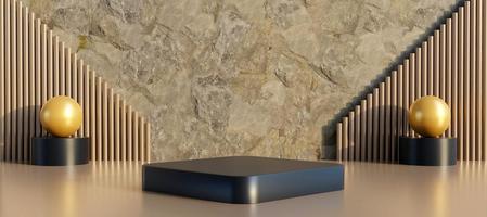Black podium with golden decorative objects on beige background. Stand to show products. Stage showcase with copy space. Elegant pedestal display. Banner size. Website cover template. 3D rendering. photo