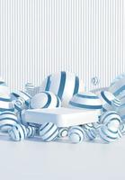 Abstract white podiums with decorative blue balls on white background. Stand to show products. Yellow pedestals in vertical display. Minimal backdrop for smartphone. 3D rendering.