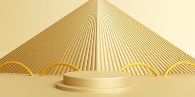 Elegant podium with decorative objects on golden background. Stand to show products. Stage showcase with copy space. Pedestal display. Banner size. Website cover template. 3D rendering. photo