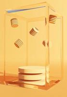 Abstract podium in glass frame on yellow background. Stand to show products. Pedestal in vertical display. Yellow backdrop for smartphone. 3D rendering.