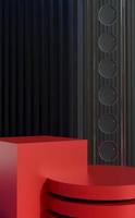 Abstract two podiums on black background. Stand to show products. Red pedestal in vertical display. Minimal backdrop for smartphone. 3D rendering.