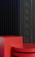 Abstract two podiums on black background. Stand to show products. Red pedestal in vertical display. Minimal backdrop for smartphone. 3D rendering. photo