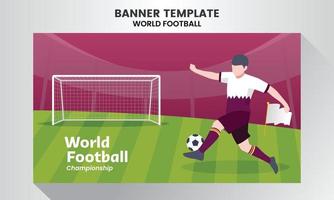 banner de tiro de jugador de fútbol sobre el tema del campeonato mundial de fútbol vector