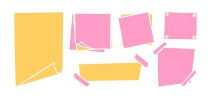 Handdrawn paper sheets with sticky tape and pins. Pink and yellow blank paper pages for memos and messages. Colored vector illustration