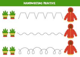 Tracing lines for kids. winter jacket and gloves. Writing practice. vector