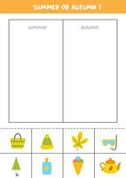 Sorting cards into autumn or summer. Logical game for children. vector