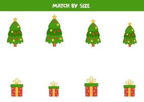 Matching game for preschool kids. Match Christmas trees and presents by size. vector