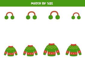 Matching game for preschool kids. Match winter sweaters and headphones by size. vector