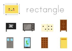 Geometric shapes for children. Worksheet for learning shapes. Rectangular objects. vector