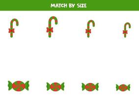 Matching game for preschool kids. Match Christmas candies by size. vector