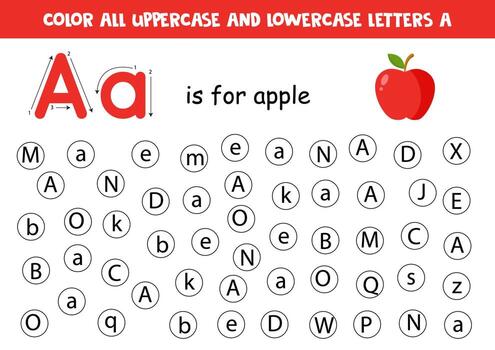 encuentra y colorea todas las letras a. hoja de trabajo educativa para aprender el alfabeto. vector