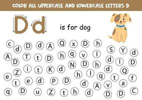 Find and color all letters D. Educational worksheet for learning alphabet. vector