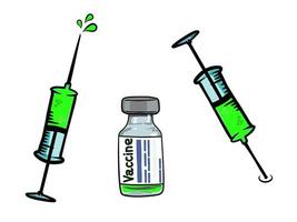 botella de vacuna y dibujo vectorial de jeringa. ampolla de fármaco dibujada a mano e inyección de jeringa aislada sobre fondo blanco. vacunación, inmunización, concepto de tratamiento. vector