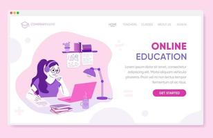 seminario web, concepto de educación en línea con una mujer, computadora, lámpara y libros. plantilla de página de destino, ilustración vectorial en estilo plano. diseño de vectores de colores simples, diseño, taller en línea