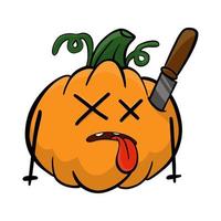 Cartoon pumpkin stuck with a knife. Vector illustration isolated on white background